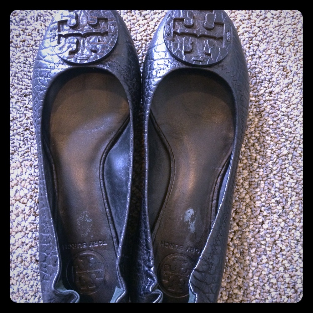 Tory Burch Black Minnie Flats Pebbled Leather